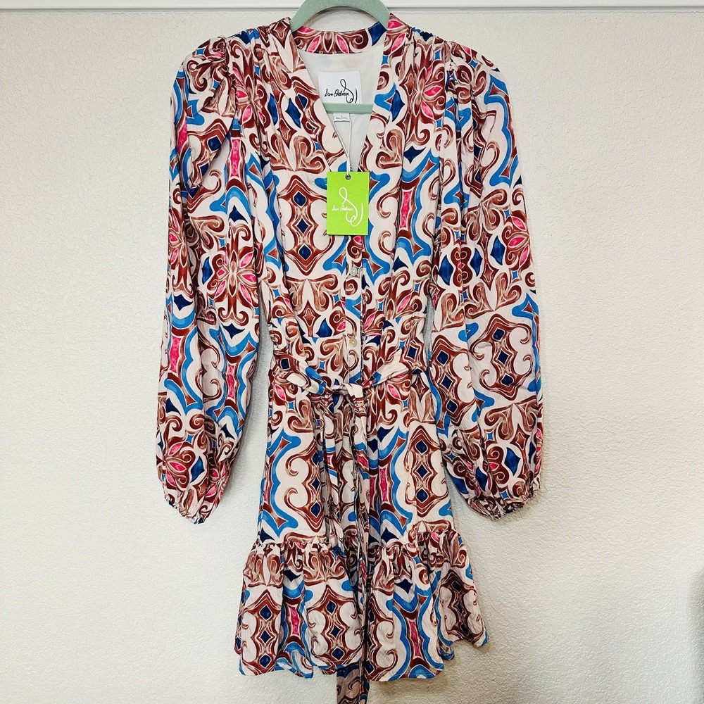 NWT Sam Edelman Women's Size 2 Long Sleeve Tie Waist Boho Mini Dress Multicolor - Picture 2 of 12